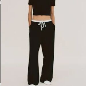 Zara Navy Wide Leg Women's Pants Size L white trim and drawstring new with tags